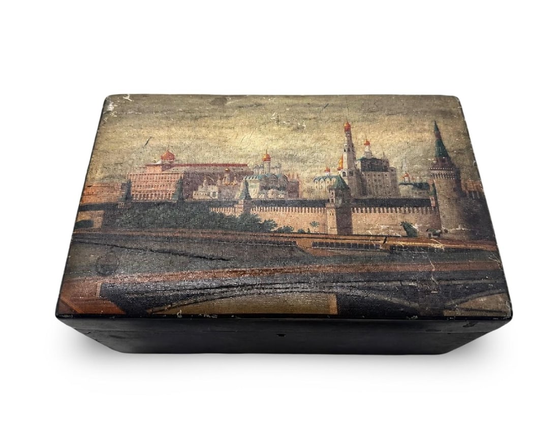 19th C. Russian Organdzhanov Workshop Papier-Mâché Lacquer Box – Moscow Kremlin View (1 of 3)