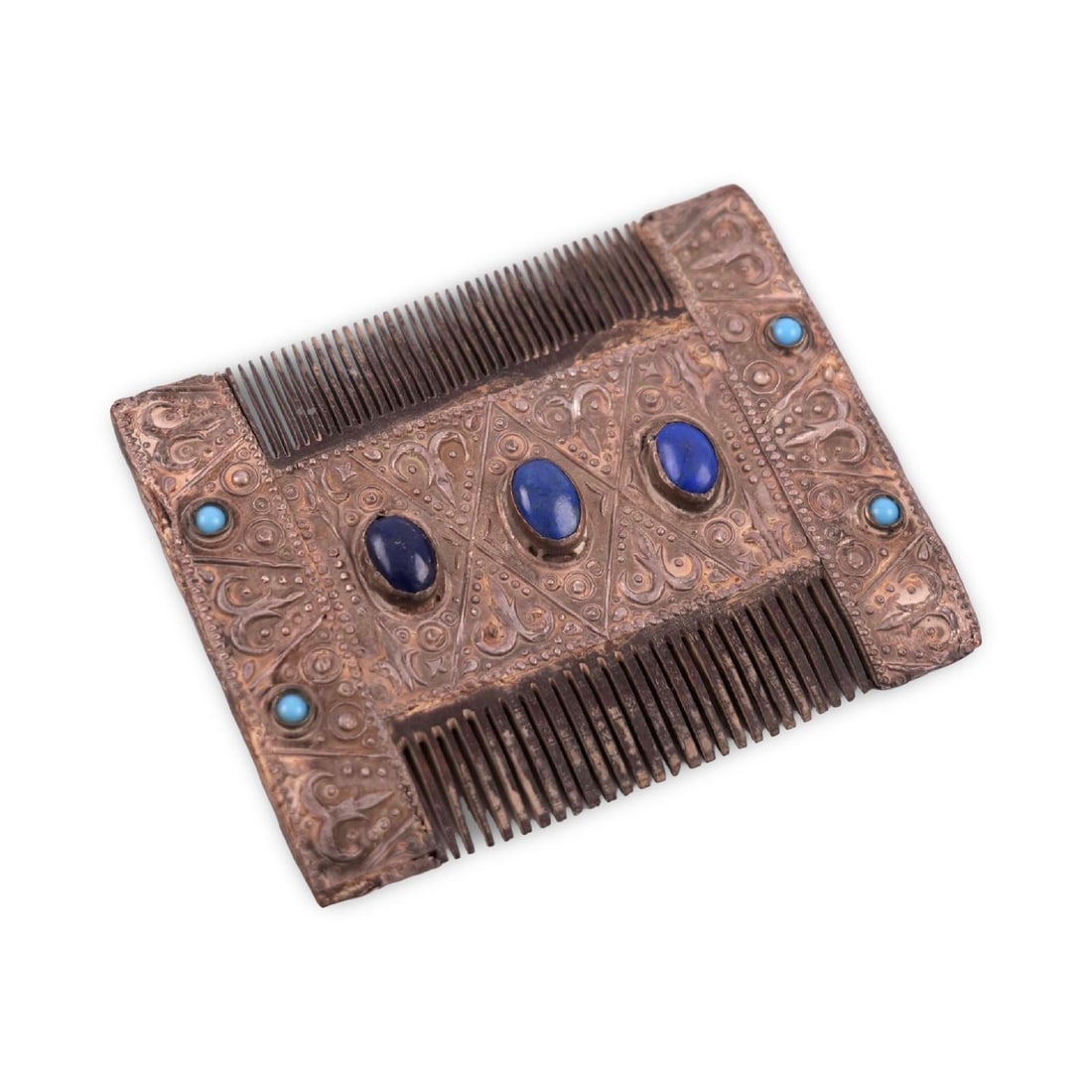 Antique Turkmen Tribal Silver Hair Comb – Lapis Lazuli & Turquoise Settings (1 of 2)