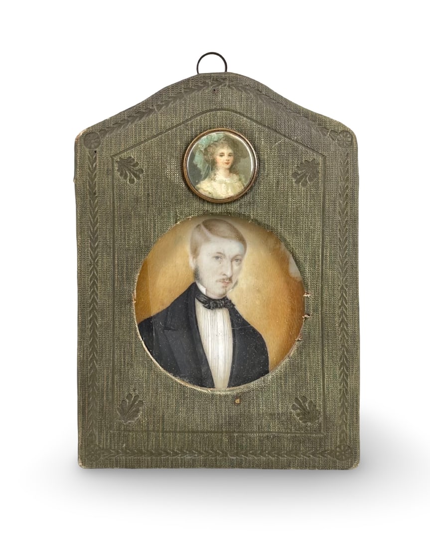 1840s Biedermeier Dual Portrait Painting Signed "ch: M" – Original Fabric Easel Frame (1 of 10)