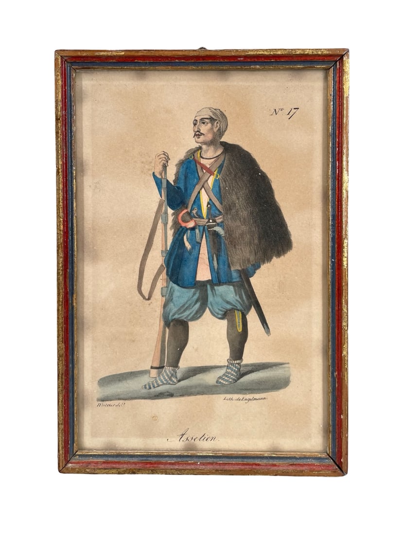 Antique 19thC Caucasian Costume Lithograph Assetien Warrior - Wattier & Engelmann: Antique 19thC Caucasian Costume Lithograph Assetien Warrior - Wattier & Engelmann. An exceptional early-to-mid 19th-century hand-colored lithograph from an ethnographic series on regional costumes, de
