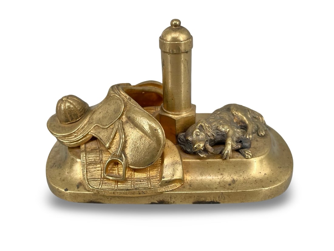 Antique Austrian Bronze Equestrian Desk Standish Pen Holder Deepicting Hunting & Dog Saddle (1 of 7)