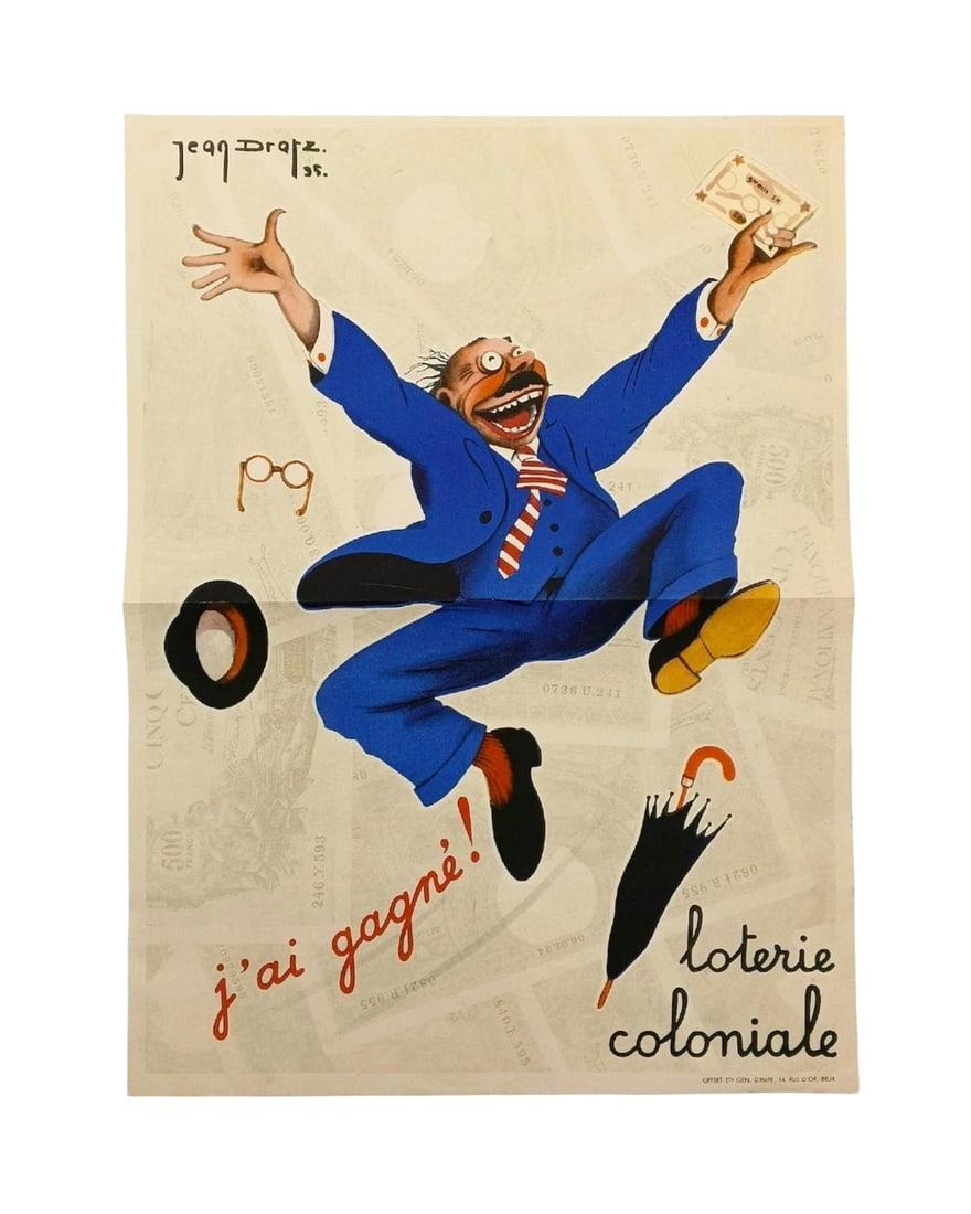 Antique 1935 Jean Dratz French Belgian Loterie Coloniale Lithograph Poster (1 of 3)