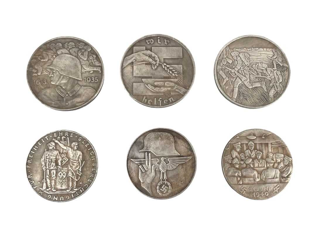 Collection of 6 WWII German Third Reich Commemorative Medals Compiègne Armistice Coins: Collection of 6 WWII German Third Reich Commemorative Medals Compiègne Armistice Coins. A historical collection of six World War II and pre-war era German military commemorative medals and propaganda