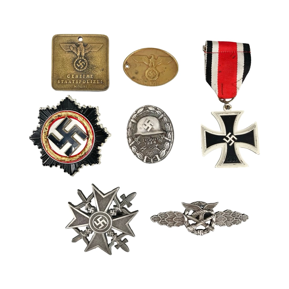 Collection of 7 WWII German Third Reich Medals Badges Gestapo Warrant Disc Iron Cross - (Second (1 of 3)