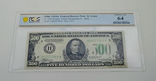 1934A $500 Bill, PCGS Graded 64 Uncirculated, Federal Reserve Note St. Louis, Fr 2202-H Sign: (1 of 10)