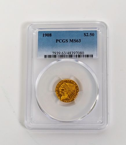 MS63 1908 $2.50 Indian Head Gold Quarter Eagle Coin, Rare Coin Graded by PCGS (1 of 2)