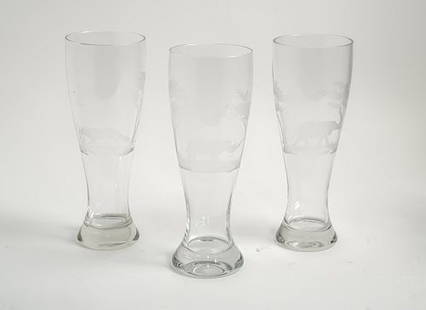 Queen Lace Crystal Pilsner Glass, American Wildlife (Set 3 Glasses): Queen Lace crystal is entirely hand blown, hand cut and hand polished in Germany. It is then engraved with the rare Copper-Wheel technique developed during the Renaissance. A single engraving takes