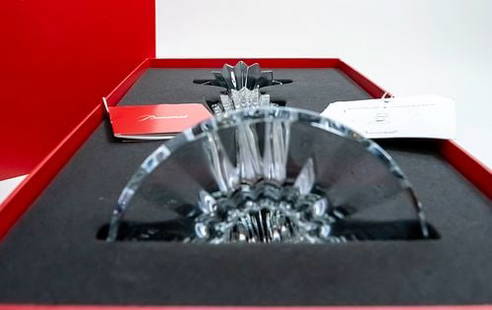 Large Baccarat Candlestick with Original Box (Single Candlestick): Mille Nuits Torch - Serial #2103599. H12.6, L 4.41, Diam 5.59, Made 2001, Crystal, Designer Mathias - Retail $1,700 Each or $3,400 for the Pair. This Baccarat Mille Nuits candlesticks, glimmer