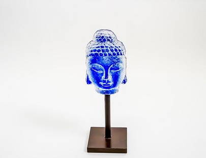 Marlene Rose's Original "Buddha" Sand-Cast Glass Sculpture with Two Marlene Rose Custom Stands: Marlene Rose is an internationally known award-winning sculptor who produces stunningly beautiful works of art in her chosen medium, sand-cast glass. Seen in museums and galleries across the US and Eu