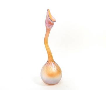 Ultra Rare Rose Water Sprinkler Bulbous Vase, Tiffany Studios, L. C. Tiffany, Favrile Glass, 1901,: Ultra Rare Rose Water Sprinkler Vase, Tiffany Studios, L. C. Tiffany, Favrile Glass, 1901, Etched: 04159. A pink and gold vase with bulbous vase. Favrile glass is a type of iridescent art glass develo