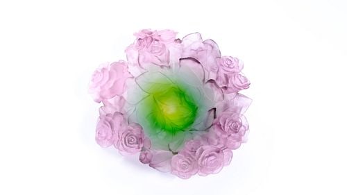 Daum Rose with Original Box.: Daum Rose H: 3.7" L: 11.2" W:8.7" 5.5 Ibs. Daum is a crystal studio based in Nancy, France, founded in 1878 by Jean Daum. His sons, Auguste Daum and Antonin Daum, oversaw its growth during the