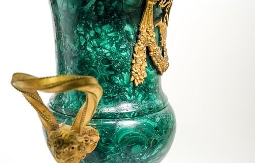 Pair 14 1/2 In High Neoclassical Malachite Urns with Ormolu Accents. (1 of 20)