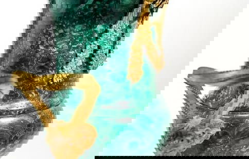 Pair 14 1/2 In High Neoclassical Malachite Urns with Ormolu Accents.: Two Urns, 14 1/2 In High Each. Pair 14 1/2 In High Neoclassical Malachite Urns with Ormolu Accents on felt covered bottom. Malachite is a bright green copper carbonate hydroxide mineral contain