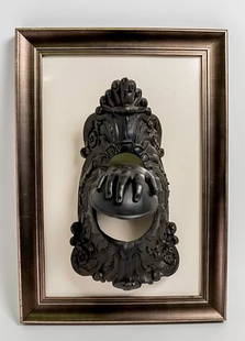 Framed Antique English Gothic Gargoyle Cast Iron Ball Return from Victorian Pool Table: Framed Antique English Gothic Cast Iron Gargoyle Iron Ball Return from Victorian Pool Table. Framed on Linen. Framed upside down. Approximately 9 in x 6 in. Framed 14 in. x 10 in. Depth: 6 In.