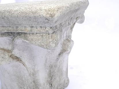 Michael Taylor Carved Stone Classic Capital Column Indoor or Outdoor Table, 1987: Original purchase price was $6,000. 21" W X 23" D X 16"H. Michael Taylor Designs faux stone furniture is cast from various mixtures which are specially formulated to suit the design and structural