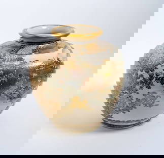 Japanese Satsuma Vase by Taniguchi`: Japanese Satsuma Vase by Taniguchi`. A rare Japanese Satsuma Vase of spherical form (approximately 10 in. x 10 in.) with everted lip, decorated overall in gold and colored enamels with floral and