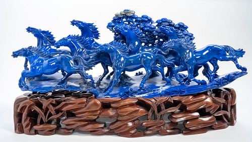 Chinese Figural Group Carved Blue Sodalite Depicting a Group of Running Horses (1 of 9)