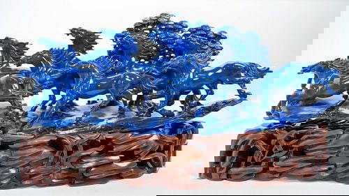 Chinese Figural Group Carved Blue Sodalite Depicting a Group of Running Horses: Figural Group 6 x 15 3/4 x 4 1/2 in a figural blue sodalite carving depicting a group of running horses