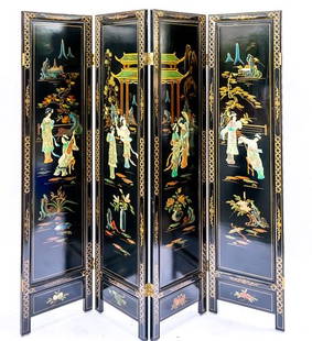 Six-Panel Vertical Folding Chinese Screen (Black): Six-Panel Vertical Folding Chinese Screen of an black color inlaid with carved and painted components depicting figures in a courtyard pavilion.