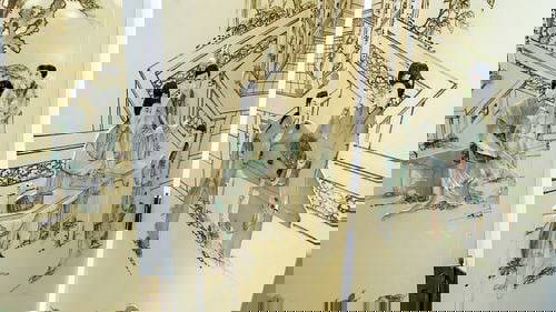 Six-Panel Vertical Folding Chinese Screen (Eggshell Color): Six-Panel Vertical Folding Chinese Screen of an eggshell color inlaid with carved and painted components depicting figures in a courtyard pavilion.