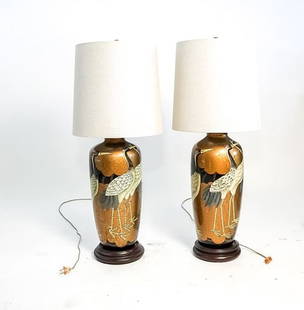 Vintage Pair of Asian Crain Table Lamps: Vintage pair of table lamps comprised of painted glass bases with low relief decorations of cranes. Height 30" in.