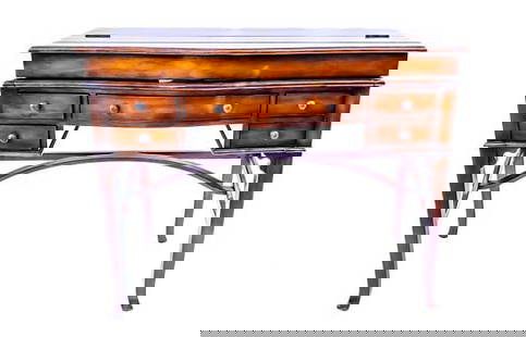 Theodore Alexander 's The Residency Fine Campaign Desk: Theodore Alexander The Residency Campaign Desk. A bowfront Campaign desk, the flip top enclosing a fitted interior and a leather writing surface, with five drawers surrounding the kneehole, on