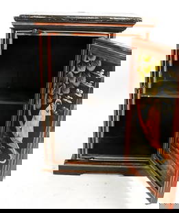 Vintage Handmade Wooden Two-Shelf Cabinet Adorned Intricate Hand-Painted Artwork: A collectible, yet functional vintage handmade wooden two-shelf cabinet adorned with intricate hand painted artwork depicting monkeys in detailed brushwork and vibrant colors used to bring the monkey