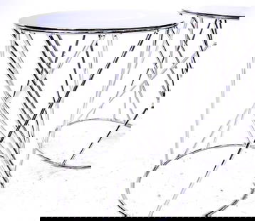 Pair of Mid-Century Modern Chrome Side Accent Tables: Pair of Mid-Century Modern Chrome Side Accent Tables. Chromed steel wire base and chromed steel sheet top. Dimensions: 20" in. high and 16" in. in diameter.