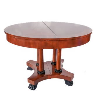 Baker Furniture Neoclassical Cherry Wood Pedestal Dining Table: 1980s Baker Furniture Co. "Palladian Collection" This table is a gorgeous Neoclassical or Empire style extension dining table with two additional leafs. Baker Furniture Neoclassical Cherry Wood