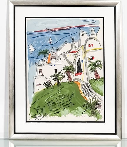Carlos Paez Vilaro, Casapueblo 1975: Carlos Paez Vilaro (November 01, 1923 - February 24, 2014) was a Uruguayan abstract artist, painter, potter, sculptor, muralist, writer, and composer. Signed and dedicated to Flavio Menendez.