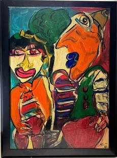 Peter Robert Keil Oil Painting "Clowns from Munich" 1965 Berlin Framed in Black: Peter Robert Keil Oil Painting "Clowns from Munich" 1965 Berlin Framed in Black Dimensions: 43" in. x 31' in. One of Germany’s best contemporary painters, Peter Robert Keil's dynamic shapes and