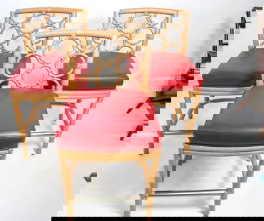 Three Laura Kirar for McGuire Bar Stools With Red Leather: Set of 3 Laura Kirar for McGuire "O-Ring" or "Target" Rattan Bar Stools Each Labeled McGuire San Francisco in Brass Plates. Dimensions: 18 in ā 17 in Dā 41 in H. The Laura Kirar Ring Barstool