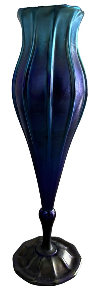 Tiffany Studios, 1901, Louis Comfort Tiffany (L. C. Tiffany) 12 1/2 In High Favrile Glass Vase. Rare: Tiffany Studios, 1901, Louis Comfort Tiffany (L.C.T.) 12 1/2 In High. Rare Blue Favrile Glass. Etched: L.C. Tiffany Inc. Favrile 1526 803N. A rare ribbed cobalt to purple Favrile glass vase with foote