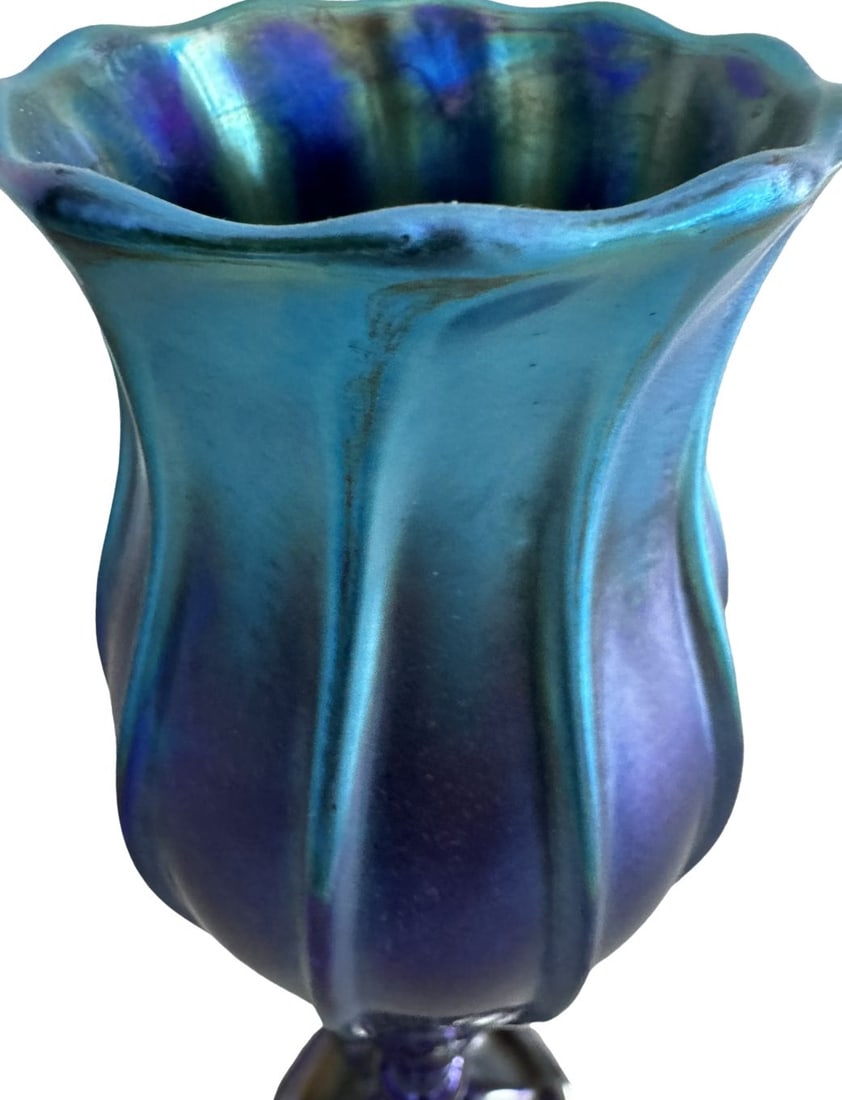 Tiffany Studios, 1901, Louis Comfort Tiffany (L. C. Tiffany) 12 1/2 In High Favrile Glass Vase. Rare: Description: Tiffany Studios, 1901, Louis Comfort Tiffany (L.C.T.) 12 1/2 In High. Rare Blue Favrile Glass. Etched: L.C. Tiffany Inc. Favrile 1526 803N. A rare ribbed cobalt to purple Favrile glass va