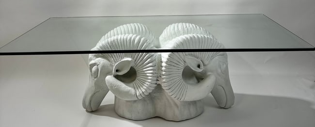 Vintage Boho Plaster / Terracotta Ram’s Head Glass Top Coffee Table (1 of 5)