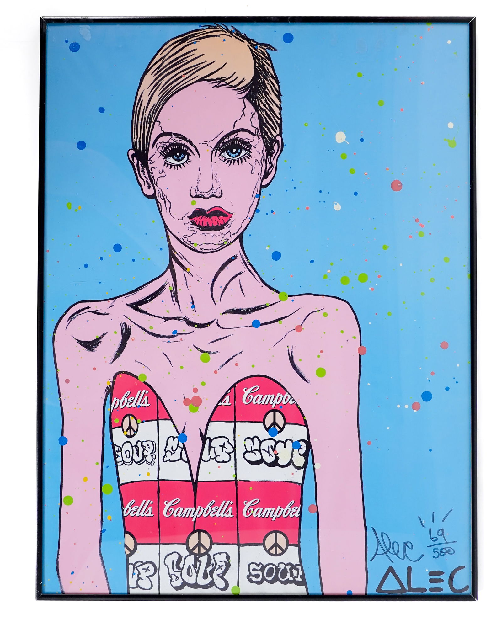 Alec Monopoly Twiggy 2010 Number 69 Acrylic on Paper: Alec Monopoly Screenprint and Acrylic on Paper. Framed Number 69 of the Edition of 500. Signed by Alec Monopoly. Hand Embellished from 2010 NYC CHELSEA NYC Art Show Release. In his murals, canvases, a