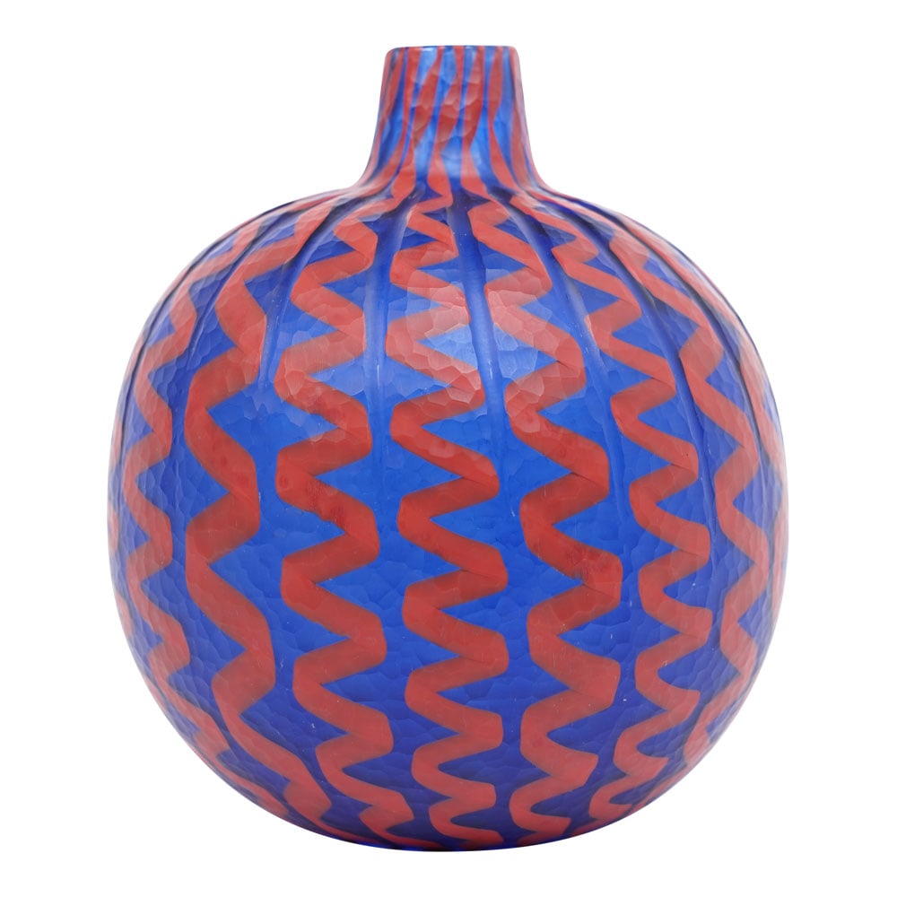 RARE Authentic 1:1 Lino Tagliapietra Red and Blue Battuto Murina Vase 1995 (1 of 6)