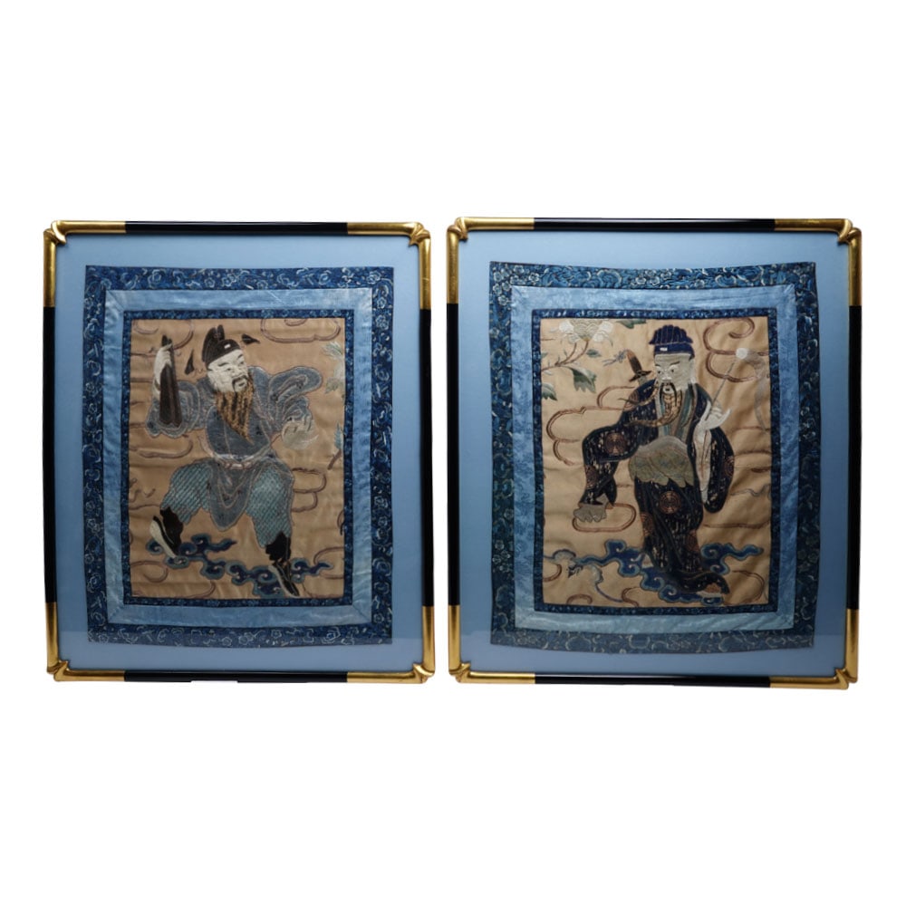 Antique Pair (2) Beautifully Framed Late Qing Dynasty Chinese Silk Embroidery Textile Panels (1 of 10)