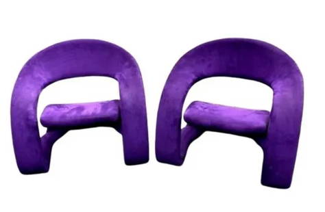 Pair (2) Jaymar Tongue Post-Modern Chairs in Purple Velvet (Circa 2001).: Pair (2) ORIGINAL Jaymar Tongue Post-Modern Chairs in Purple Velvet (Circa 2001). Jaymar Furniture LTD 08-19-2001. Height: 30 in (76.2 cm); Width: 33 in (83.82 cm); Depth: 33 in (83.82 cm); and Seat H