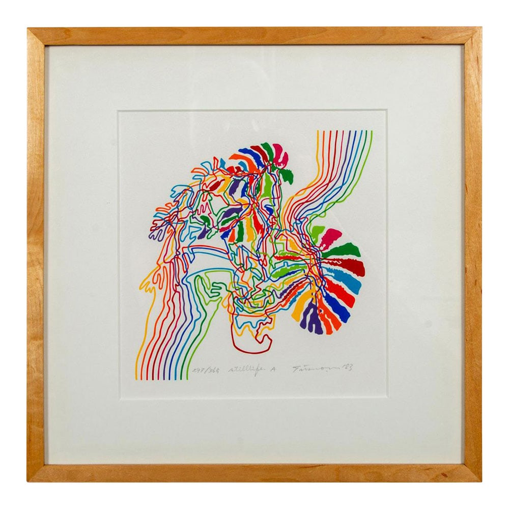 Tatsuo Matsubara (Japanese, b.1940) Silkscreen Still Life Framed: Bright Multicolor Floral Composition. Signed in pencil and dated 1983 lower right. Titled: "Still Life A". Numbered 297/365. Gilbert Luber Gallery label attached to Verso. Purchased in 1983 for $75.00
