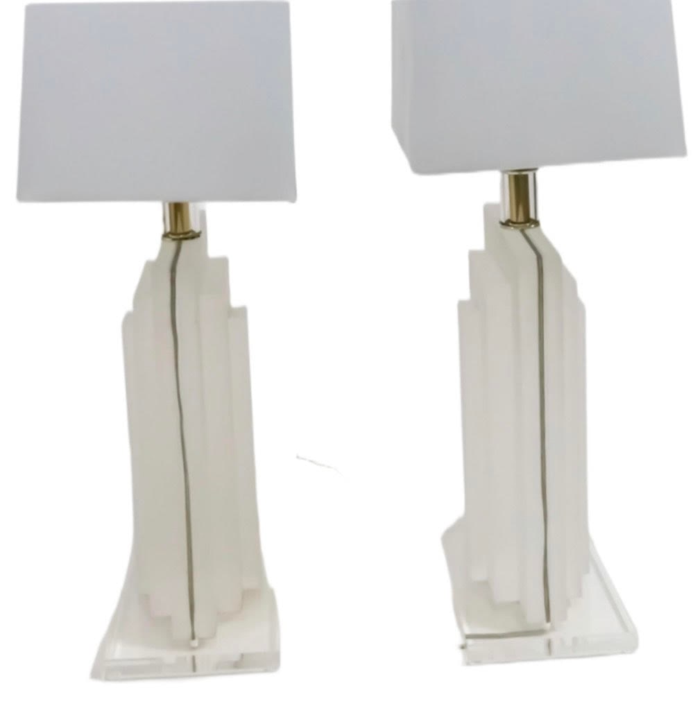 Pair (2) of Art Deco Lucite Palm Beach Bauer Lamp Company Table Lamps with concentric rectangles on (1 of 8)
