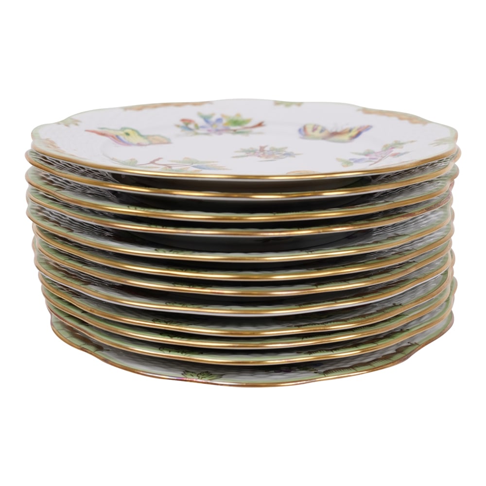 Herend Queen Victoria 12 Plates (Green Boarder), 517, VBO 7 7.5in (1 of 3)