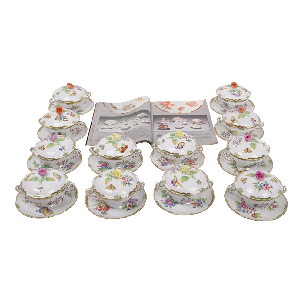 Herend Queen Victoria Set of Twelve (12) Osier Tureen Soup Bowls, Lids and Plates, 744, VBO 7 (1 of 9)
