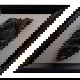 Vintage Large Carved Ivory Coast Tribal Art African Ceremonial Mask, Mounted in a Box Frame on Linen: Vintage Large Carved Ivory Coast Tribal Art African Ceremonial Mask Mounted in a Box Frame on Linen. Provenance: Coral Gables, FL Estate. House of Craven Auction Gallery: Please consider downloading o