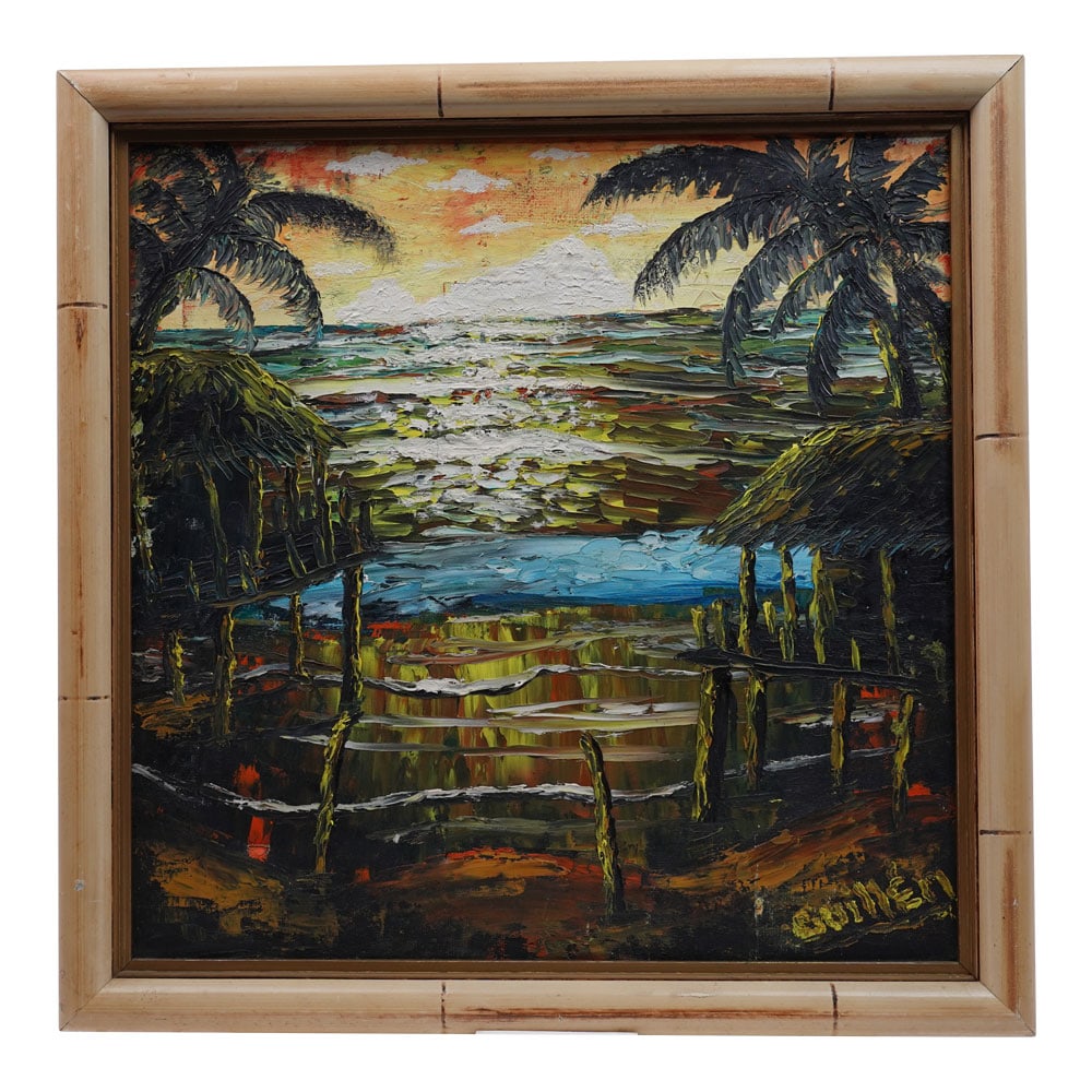 Guillen Framed Puerto Rican Landscape: Asilia Guillén (1887–1964) was a Nicaraguan folk artist, specializing in embroidery and painting. Stylistically, the embroideries Guillén produced at the beginning of her career grew more elaborat