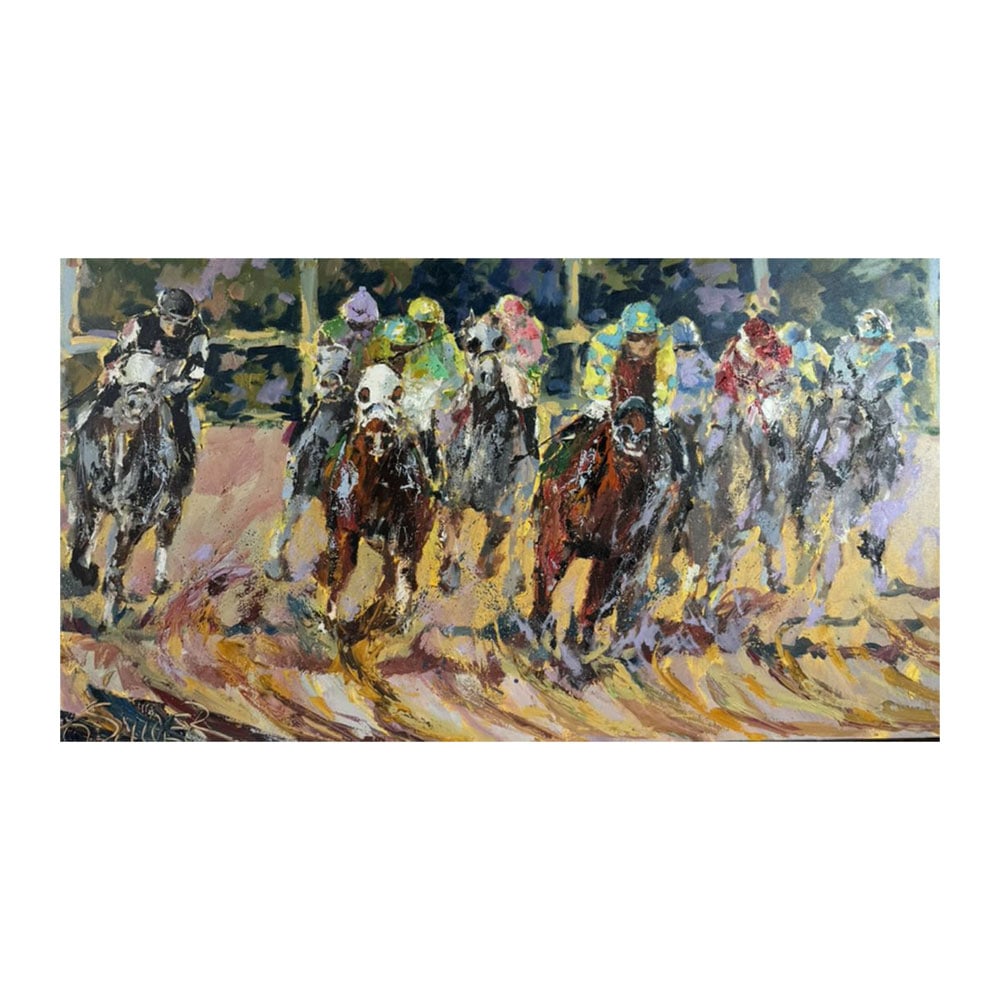 Original Framed AMERICAN PHARAOH WINS KENTUCKY DERBY by BOB SNIDER Oil on Canvas 49 _ in. x 29 in.: Original Framed AMERICAN PHARAOH WINS KENTUCKY DERBY by BOB SNIDER Oil on Canvas 49 1/2 in x 29 in. Bob was an art and business major at Ouachita Baptist University and following his MBA at the Univer