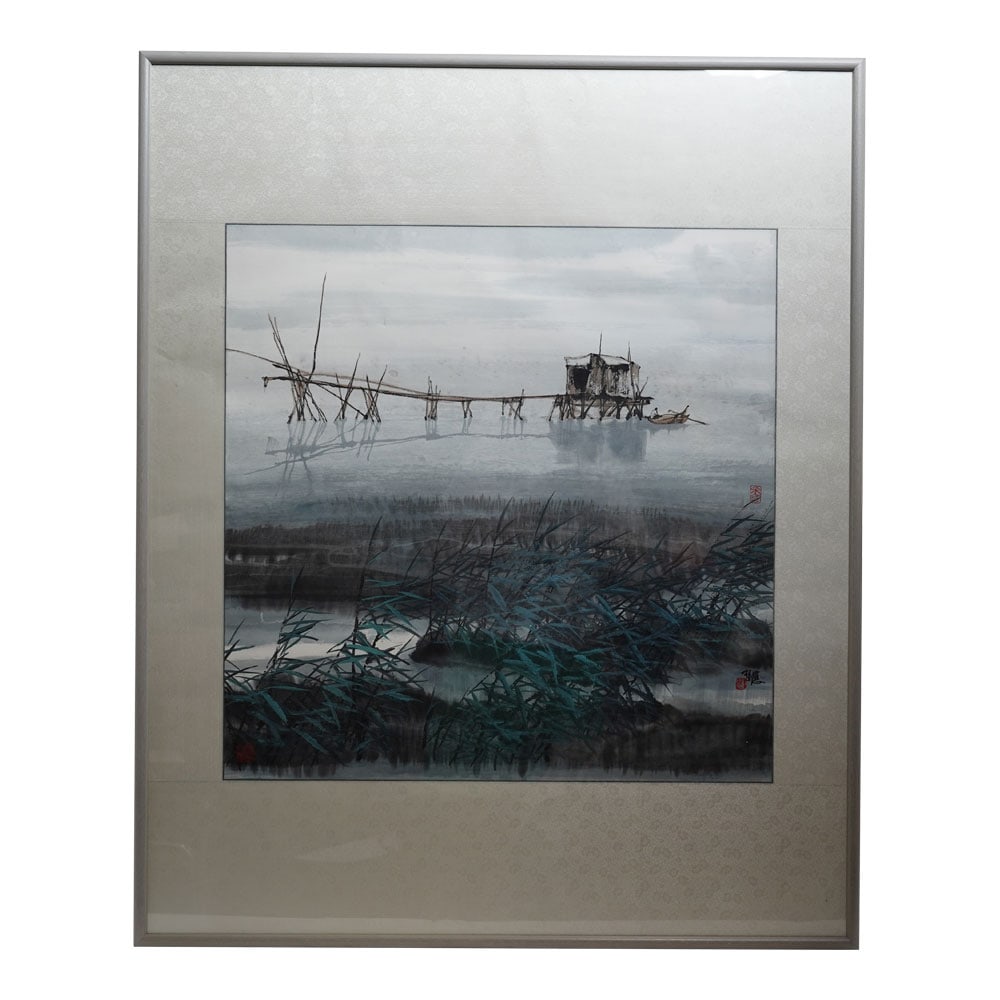 Kee Fung NG Boat at Dock Foggy Chinese Landscape Asian Gray with Silk Board and Framed by Man Fong (1 of 8)