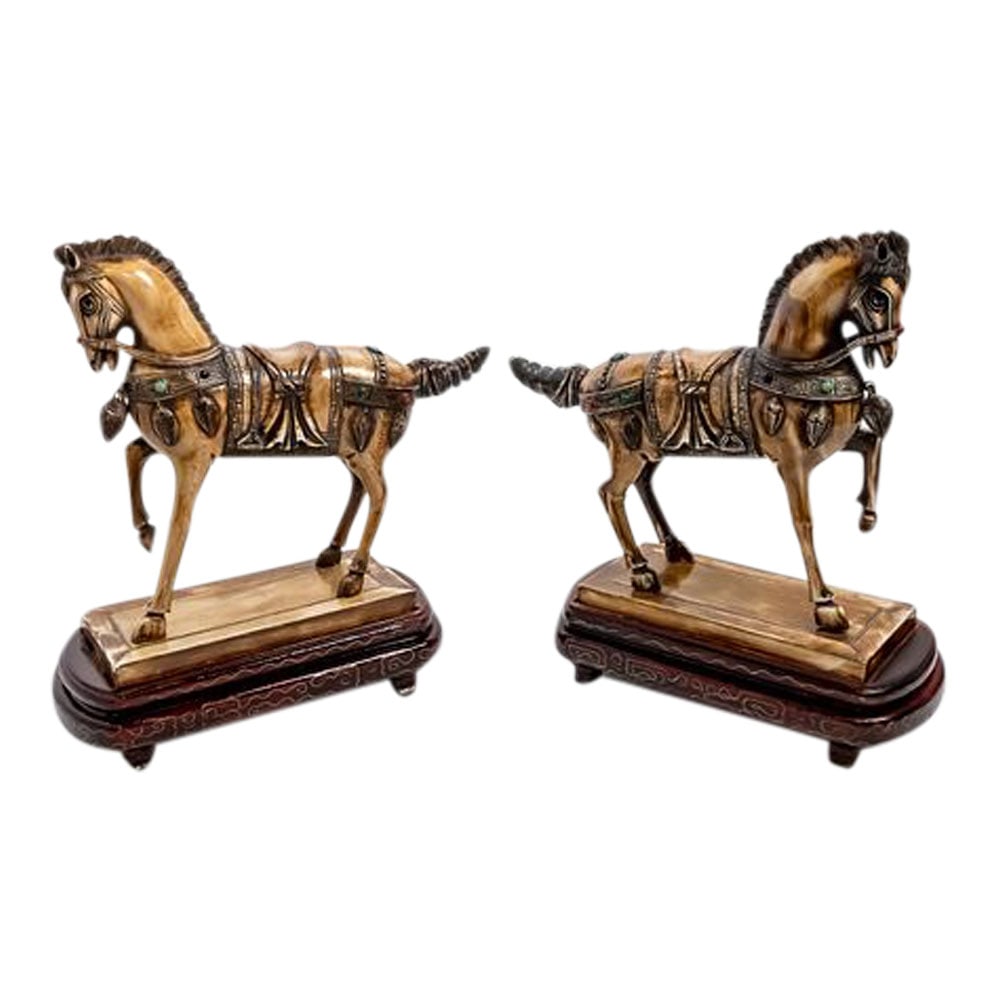 Pair of Two (2) Hand-Carved and Painted Chinese Horse Figures (1 of 9)