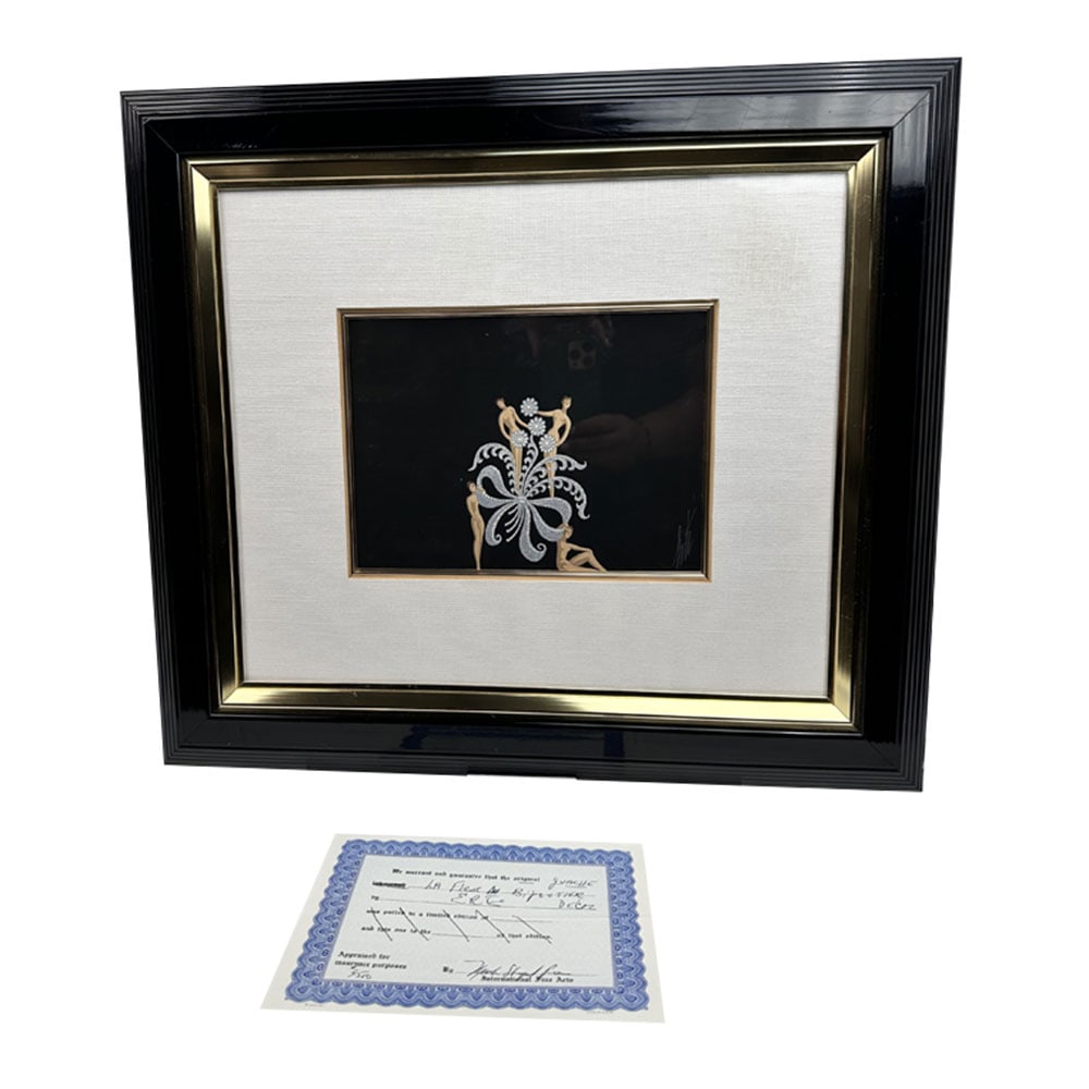 Original Romain de Tirtoff Ert Gauche La Fleur au Bijoutier "Framed with COA (Signed on Front and: Original Romain de Tirtoff Erté Gauche La Fleur au Bijoutier Framed with COA (Verso) 19 in. x 21 in. reduced to $1,500 (pd $6,500; appraised $12,500). Signed on Front: "Erté". On Verso, in Letterhea