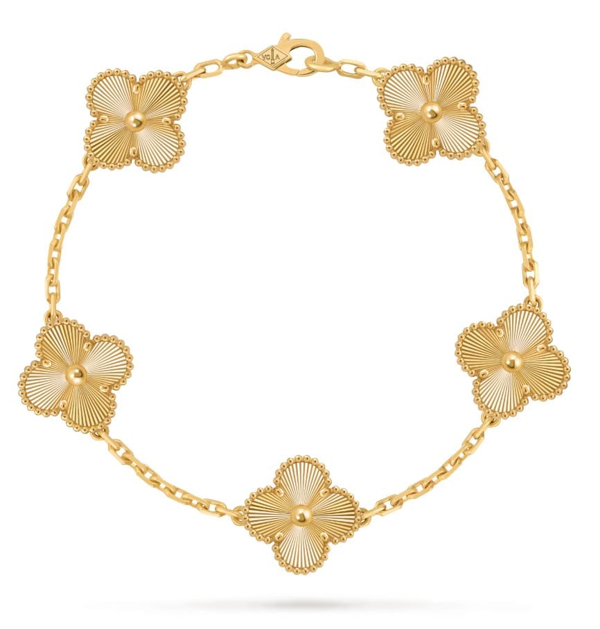 Authentic Van Cleef & Arpels Vintage Alhambra Guilloch 18K Yellow Gold 5 Motifs Bracelet with Box (1 of 12)